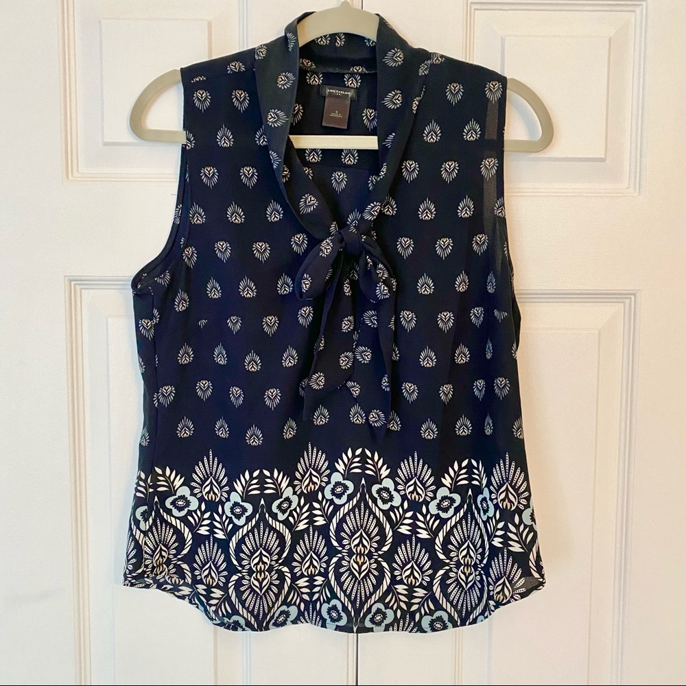 Ann Taylor blue pattern blouse with bow detail